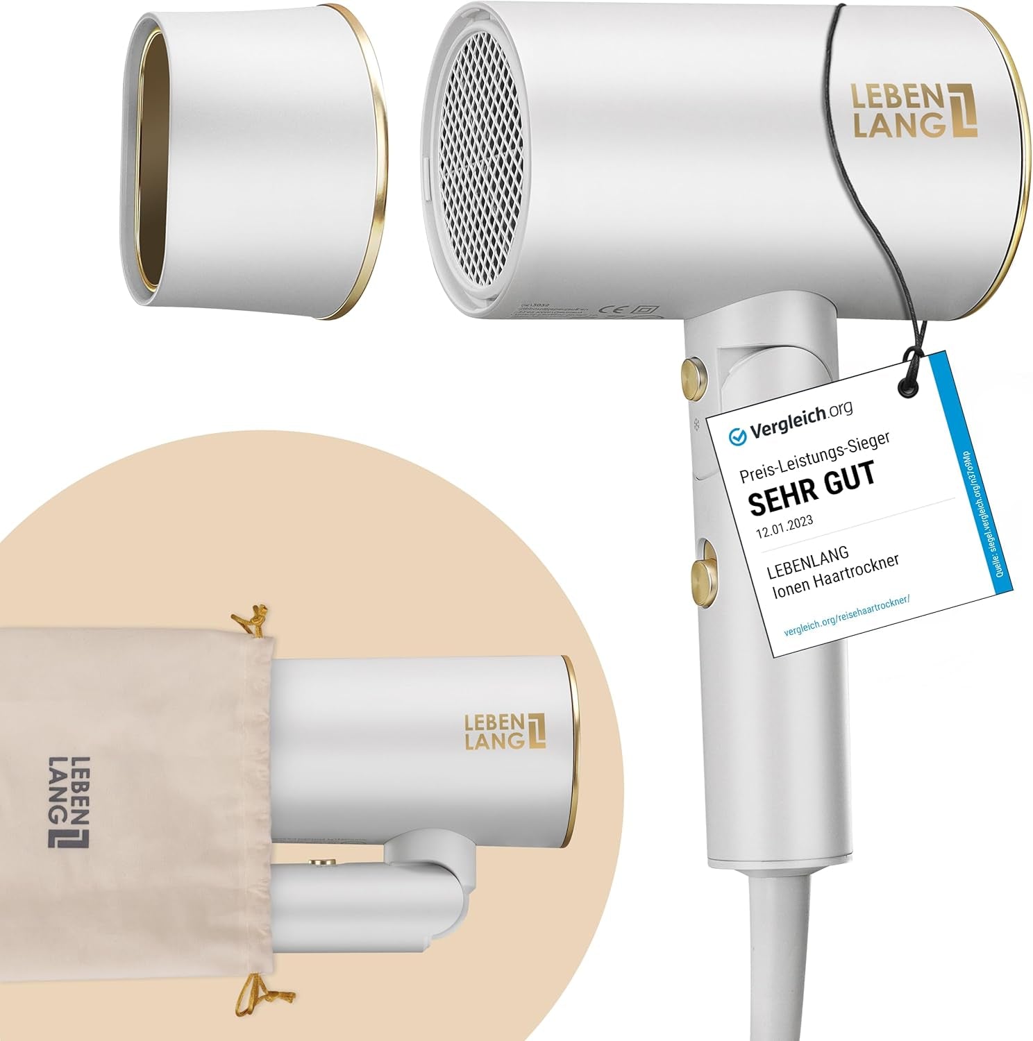 LEBENLANG Asciugacapelli Ion 2100W - Anti-Spliss Con La Modalità Aria Fredda | Asciugacapelli Da Viaggio Pieghevole Piccolo | Asciugacapelli Ion - Asciugacapelli Da Viaggio Accessori (Nero)