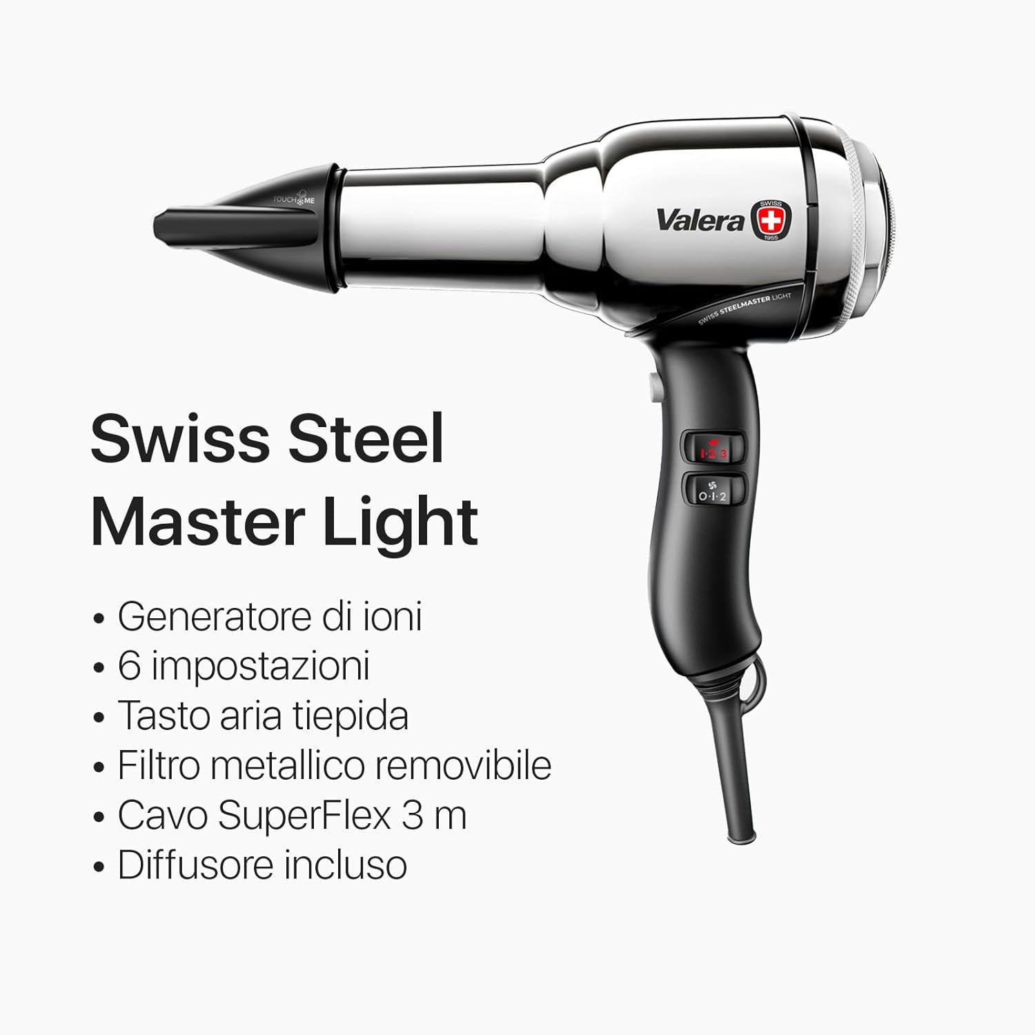 Valera, Swiss Steel Master Light, Asciugacapelli Professionale in Acciaio Cromato, Phon Leggero Con Potente Motore, 3 Livelli Di Temperatura, Ionizzatore, 2000 W