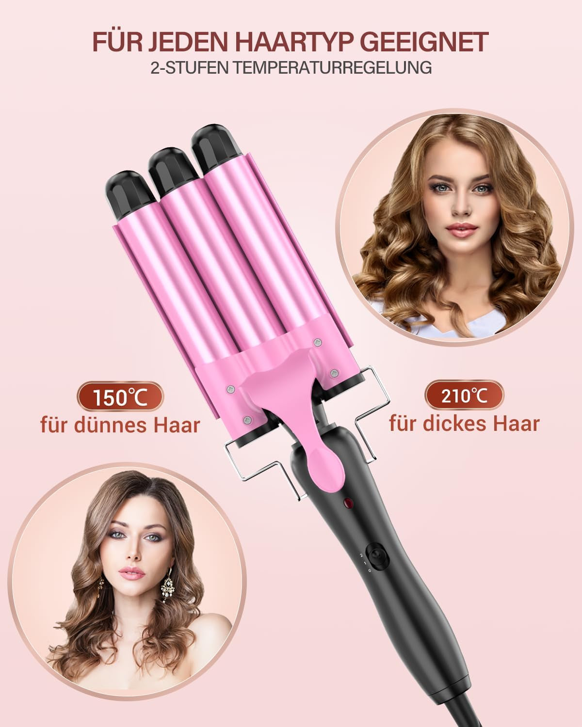 Ferro Arricciacapelli Professionale Con Cono Arricciacapelli, 25Mm Ferro per Capelli Onde in Ceramica per Boccoli Perfetti E Capelli Ondulati - Stile Versatile E Duraturo, Rosa