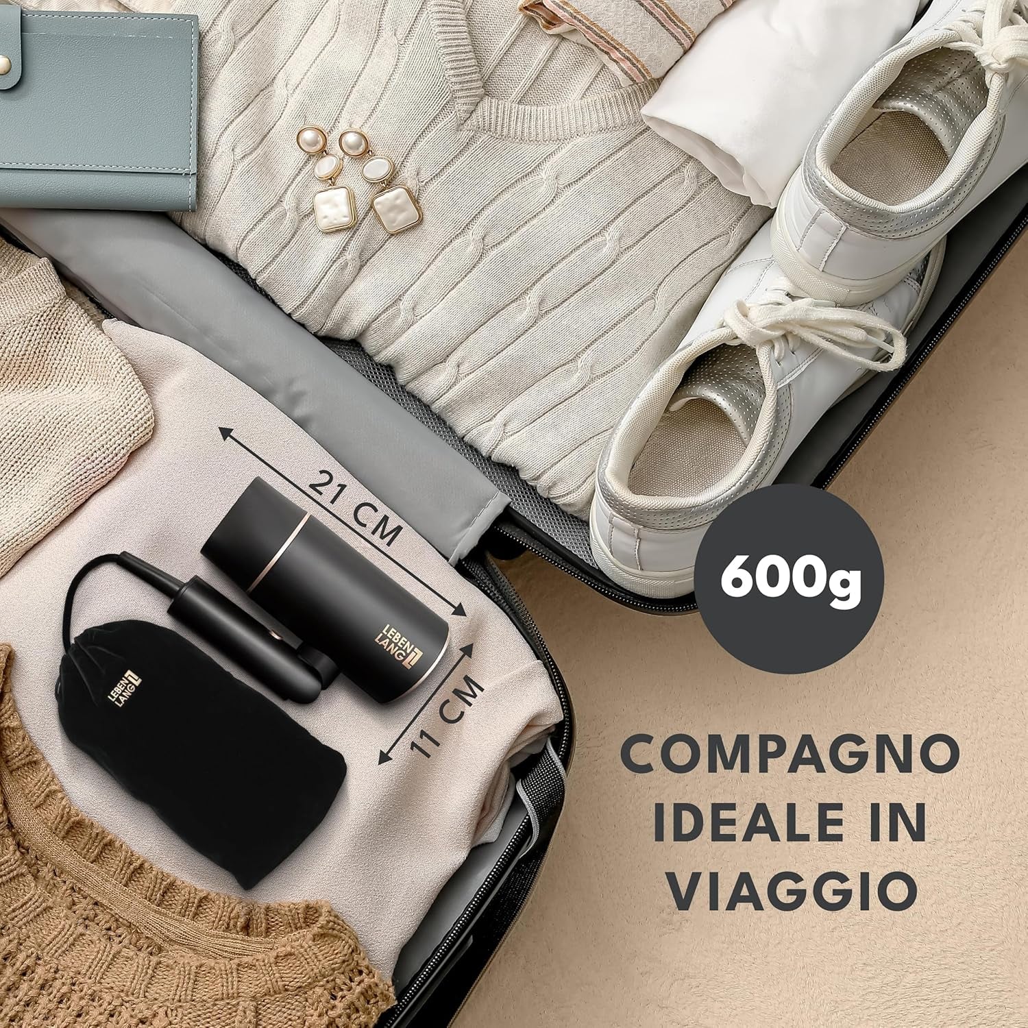 LEBENLANG Asciugacapelli Ion 2100W - Anti-Spliss Con La Modalità Aria Fredda | Asciugacapelli Da Viaggio Pieghevole Piccolo | Asciugacapelli Ion - Asciugacapelli Da Viaggio Accessori (Nero)