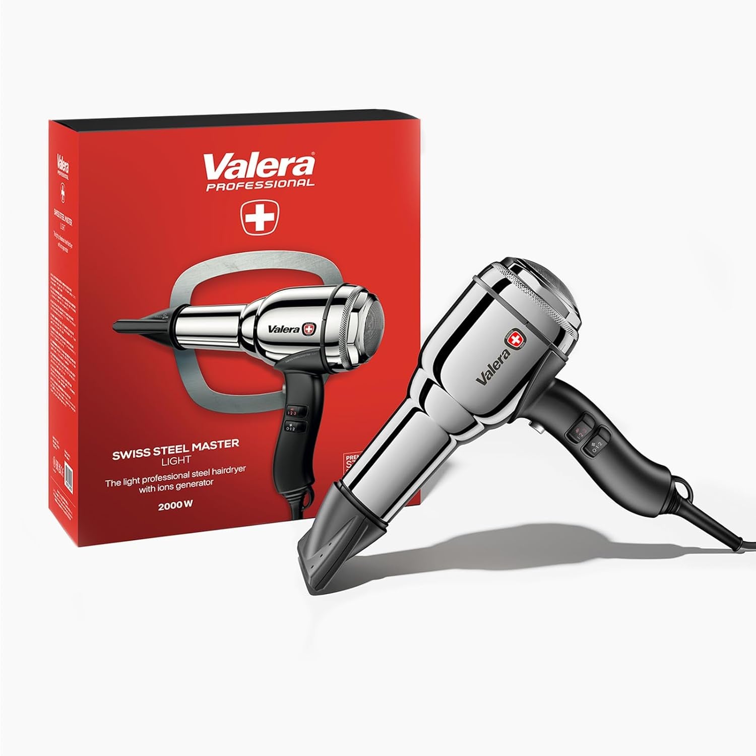 Valera, Swiss Steel Master Light, Asciugacapelli Professionale in Acciaio Cromato, Phon Leggero Con Potente Motore, 3 Livelli Di Temperatura, Ionizzatore, 2000 W