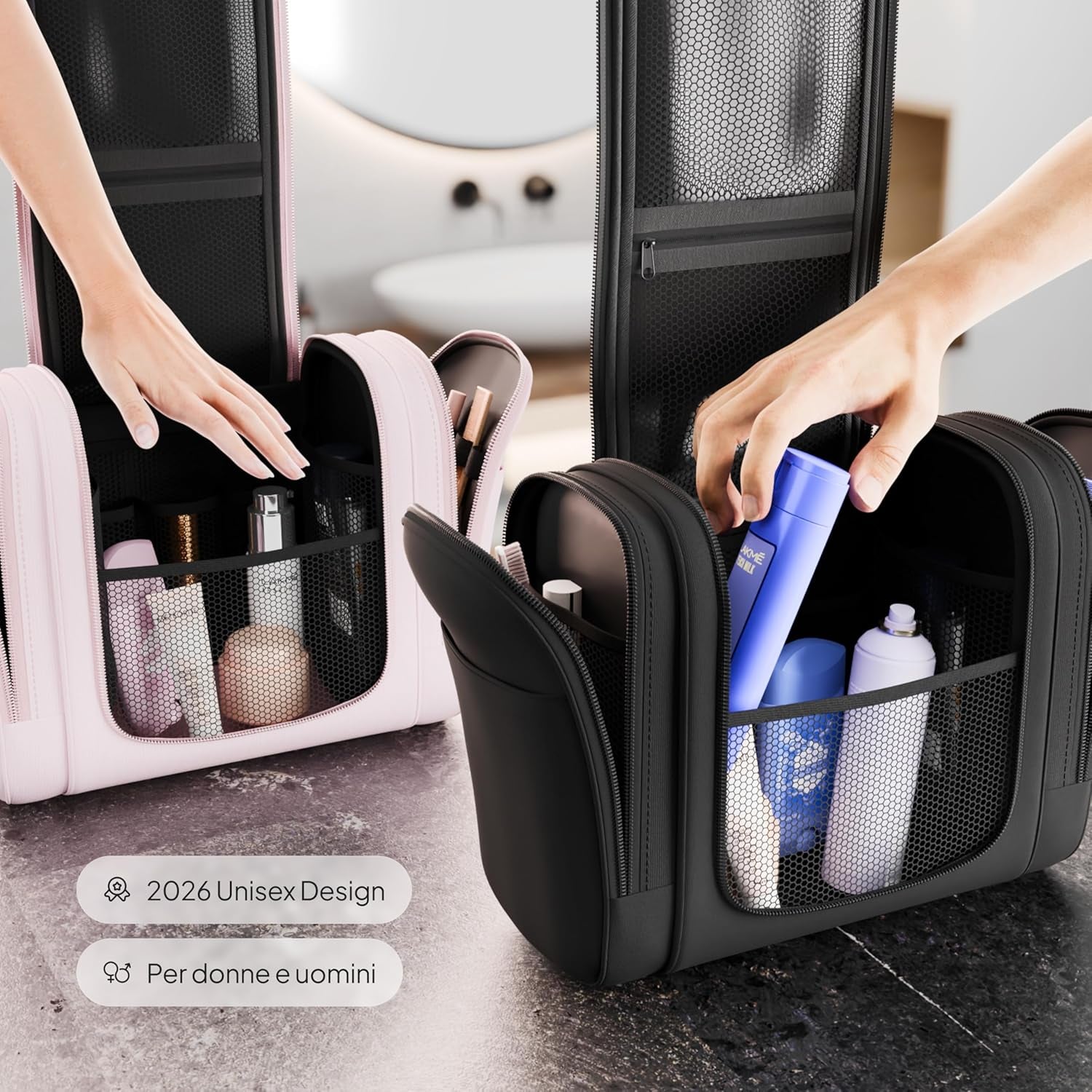 Vanlindson Beauty Case Da Viaggio XXL Donna E Uomo, 9 Litri, 3-In-1 Trousse Da Viaggio Da Appendere, Grande Porta Trucchi Impermeabile, Borsa Da Toilette, Nero