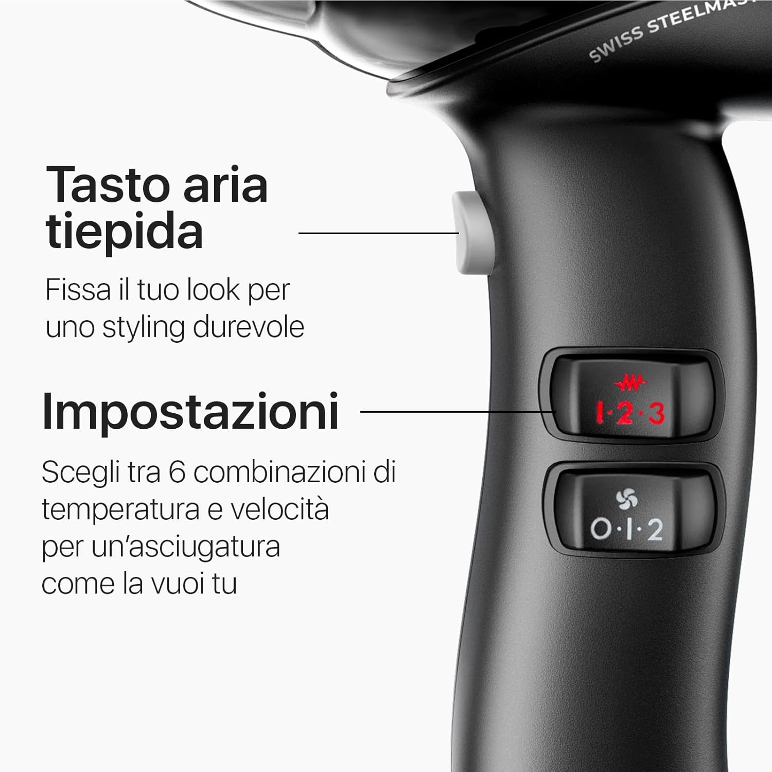 Valera, Swiss Steel Master Light, Asciugacapelli Professionale in Acciaio Cromato, Phon Leggero Con Potente Motore, 3 Livelli Di Temperatura, Ionizzatore, 2000 W
