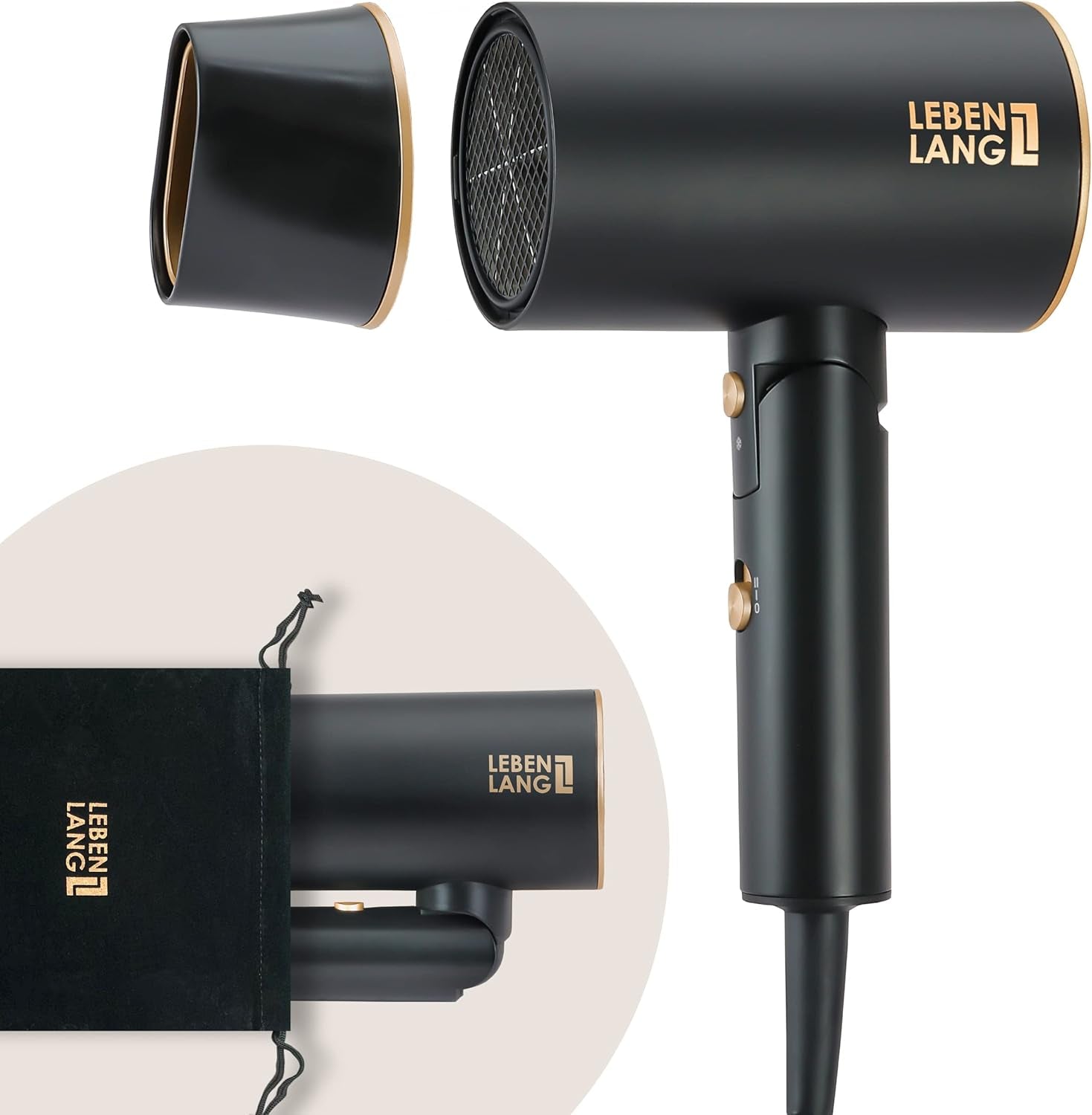 LEBENLANG Asciugacapelli Ion 2100W - Anti-Spliss Con La Modalità Aria Fredda | Asciugacapelli Da Viaggio Pieghevole Piccolo | Asciugacapelli Ion - Asciugacapelli Da Viaggio Accessori (Nero)