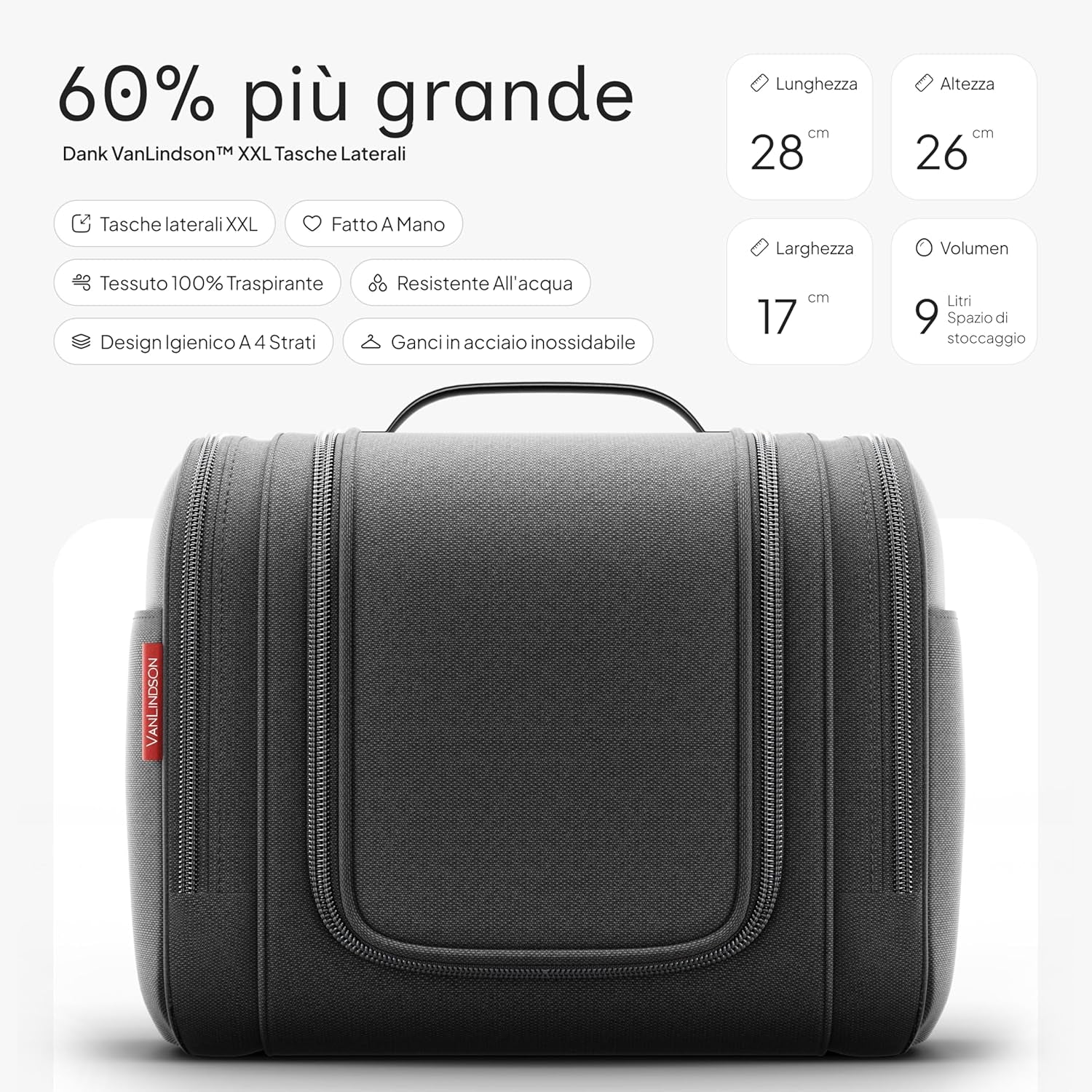 Vanlindson Beauty Case Da Viaggio XXL Donna E Uomo, 9 Litri, 3-In-1 Trousse Da Viaggio Da Appendere, Grande Porta Trucchi Impermeabile, Borsa Da Toilette, Nero