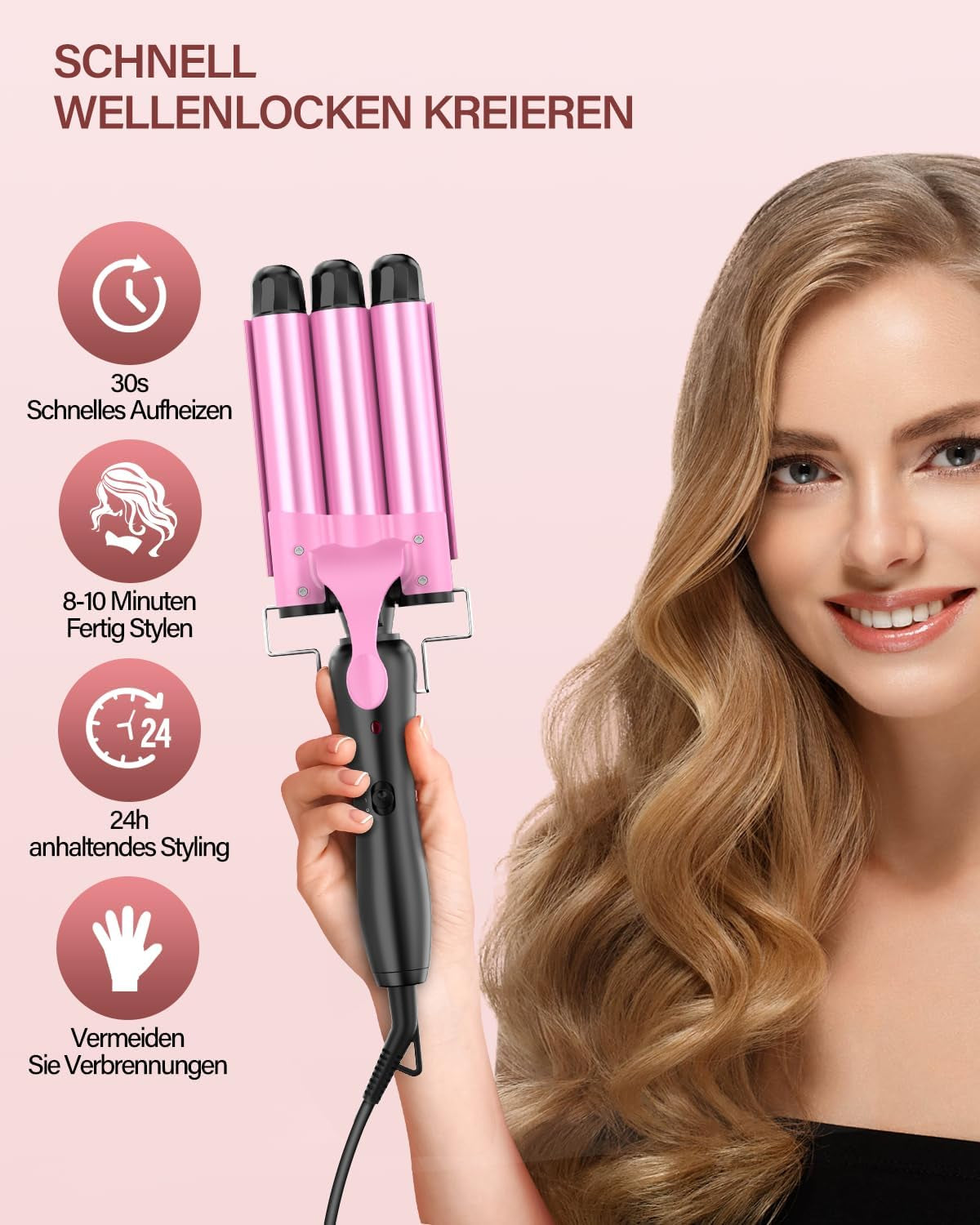 Ferro Arricciacapelli Professionale Con Cono Arricciacapelli, 25Mm Ferro per Capelli Onde in Ceramica per Boccoli Perfetti E Capelli Ondulati - Stile Versatile E Duraturo, Rosa