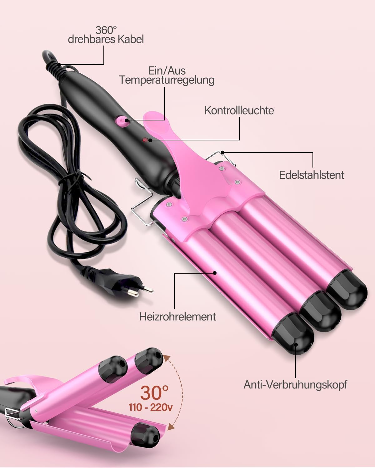Ferro Arricciacapelli Professionale Con Cono Arricciacapelli, 25Mm Ferro per Capelli Onde in Ceramica per Boccoli Perfetti E Capelli Ondulati - Stile Versatile E Duraturo, Rosa