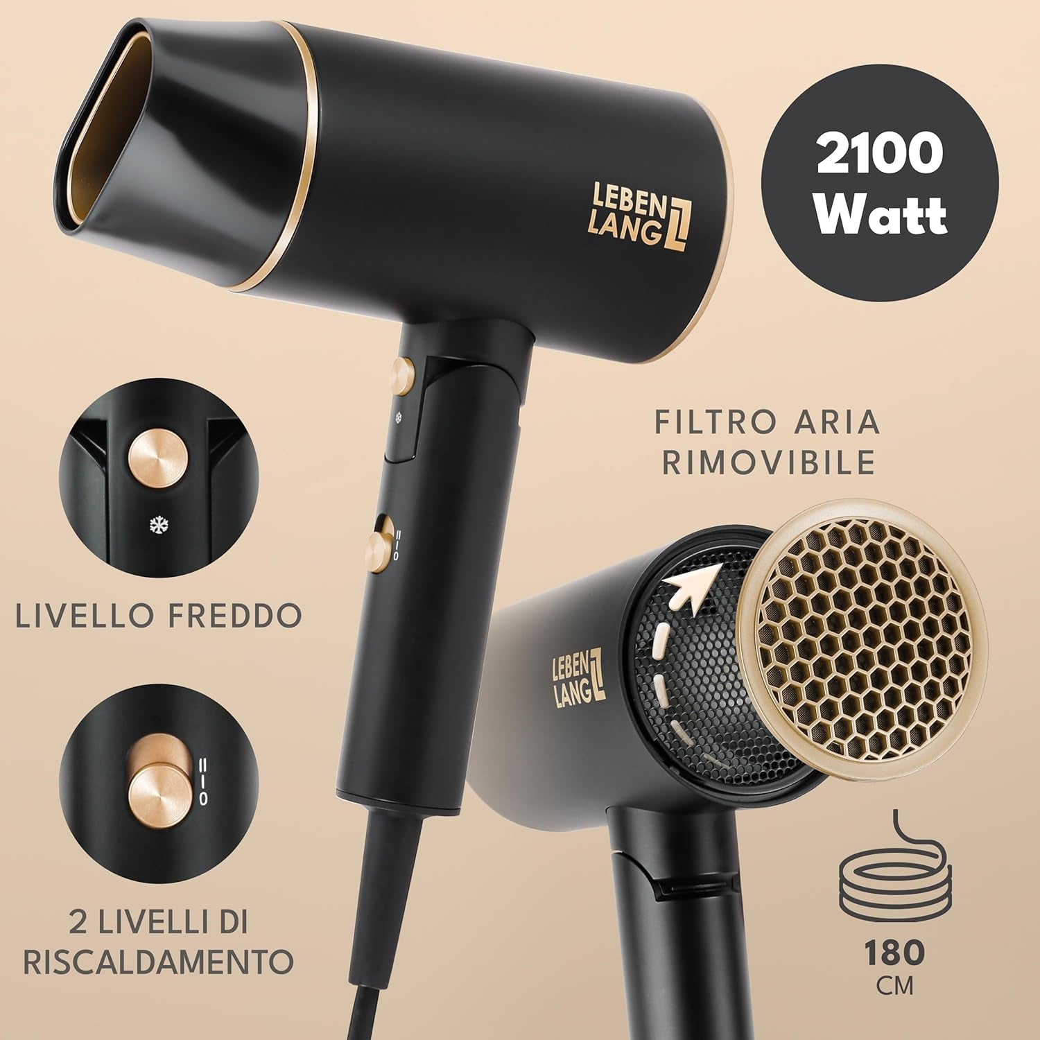 LEBENLANG Asciugacapelli Ion 2100W - Anti-Spliss Con La Modalità Aria Fredda | Asciugacapelli Da Viaggio Pieghevole Piccolo | Asciugacapelli Ion - Asciugacapelli Da Viaggio Accessori (Nero)