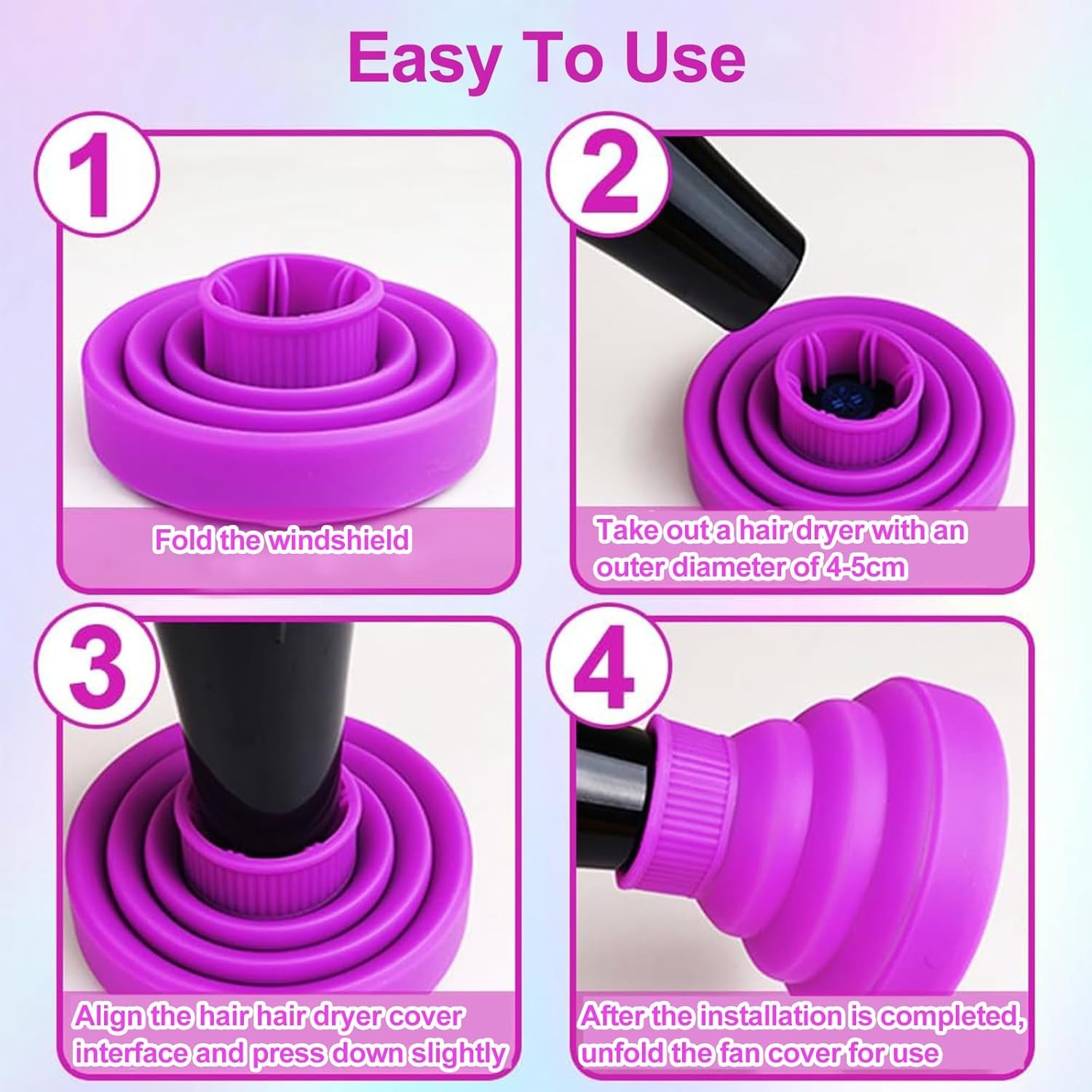 Diffusore Silicone Universale,Diffusore Capelli Ricci,Diffusore Portatile Capelli Ricci,Diffusore Capelli Ricci Universale in Silicone,Diffusore Pieghevole Capelli Ricci (Viola)