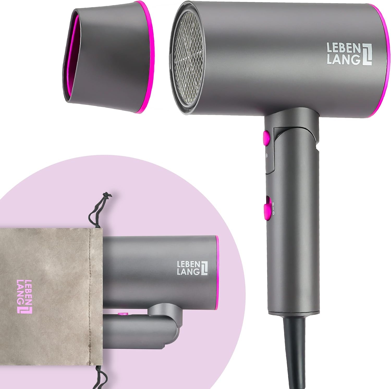 LEBENLANG Asciugacapelli Ion 2100W - Anti-Spliss Con La Modalità Aria Fredda | Asciugacapelli Da Viaggio Pieghevole Piccolo | Asciugacapelli Ion - Asciugacapelli Da Viaggio Accessori (Nero)